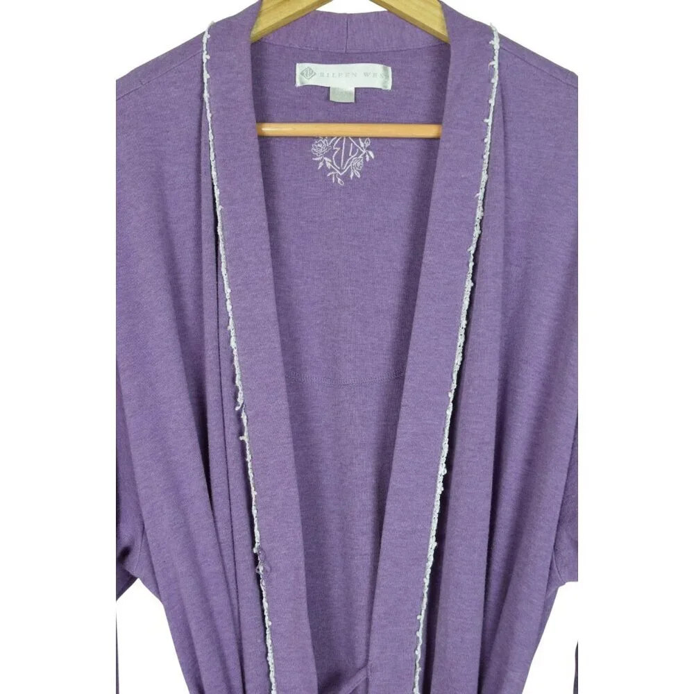 EILEEN WEST COTTON PURPLE LONG SLEEVE BELTED POCKETS ROBE - Picture 3 of 10